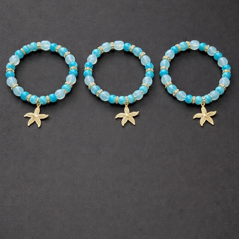 Set of 3 Turquoise Glass Bead Bracelets Gold Starfish Charm Stretch Stack